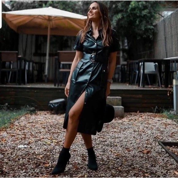 Zara Faux Leather Snap Front Dress Black - Picture 6 of 10